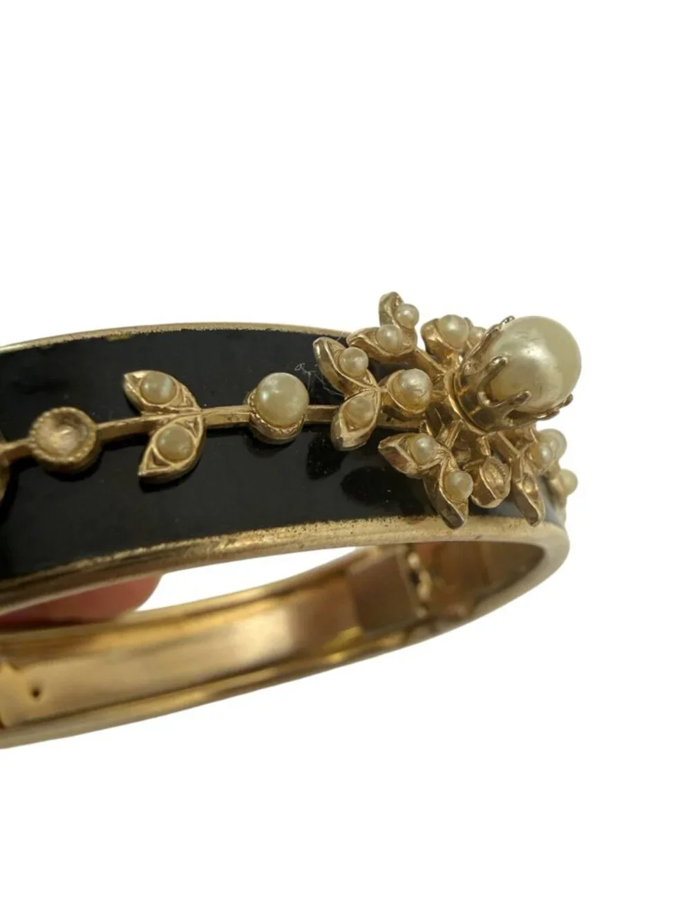 Vintage Victorian Revival Bangle Bracelet Black Enamel Faux Pearl Goldplate